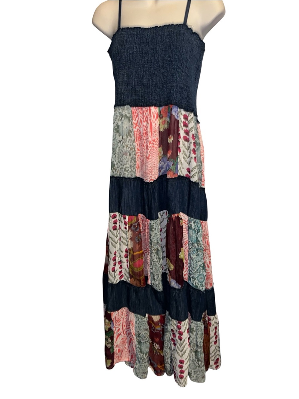 YOUNG THREADS XL SMOCKED DENIM W/ LATTE PATCHWORK MIDI DRESS - Picture 5 of 6